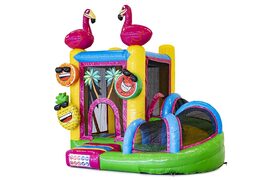 Compre un pequeño castillo inflable multijugador inflable de interior en el tema flamingo con tobogán para niños. Ordene castillos inflables en línea en JB Hinchables España