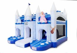 Comprar castillo hinchable grande cubierto azul y blanco multiplay con tobogán en tema ice ice frozen para niños. Ordene castillos hinchables en línea en JB Hinchables España