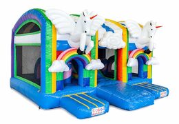 Castillo hinchable de unicornio multijugador para interiores con un diseño único con dos entradas, un tobogán en el medio y objetos 3D para niños. Compre castillos hinchables en línea en JB Hinchables España