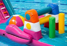 Opblaasbare waterstormbaan huren in flamingo thema voor kinderen