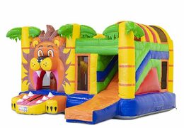 Castillo hinchable multijugador con temática de león con tobogán y obstáculos para niños