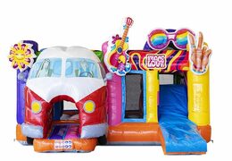 Comprar colchón de aire hinchable con tobogán en tema Hippy con furgoneta Volkswagen para niños
