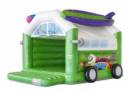 Comprar castillo hinchable standar con techo en tema hippy verde para niños