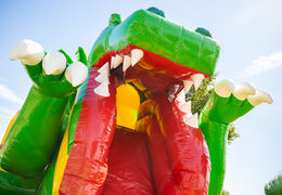 Cojín de aire hinchable multiplay con tobogán en tema dino verde amarillo a la venta