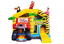 Comprar colchón de aire hinchable con techo y tobogán en tema safari con animales 3d encima para niños