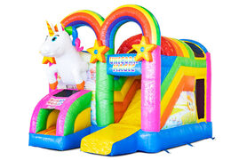 Comprar Castillo Hinchable Mini Multiplay hinchable cubierto con tobogán en tema Unicornio para niños. Pide ahora castillos hinchables en JB Hinchables España