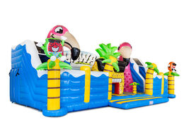 Casa inflable con temática de Hawái con flamencos y palmeras