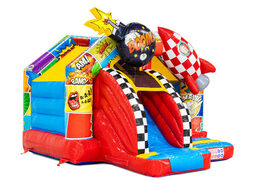 Castillo hinchable combinado con tobogán en tema de cómic con cohete y bomba