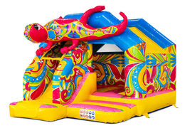 Castillo hinchable combo con tobogán en colores amarillo, azul, rosa y flores