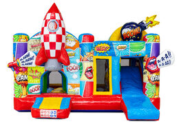 Castillo hinchable multiplay con tema de cómic que presenta un cohete y personajes de dibujos animados
