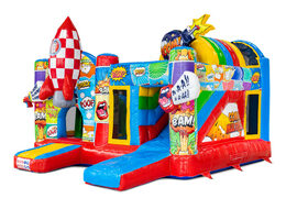 Pide en línea el multiplay con tema de cómic que incluye un tobogán y objetos de juego