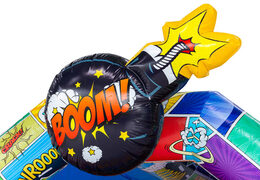 Compra el castillo hinchable A-frame en tema cómic en JB Inflatables, llamativo y colorido