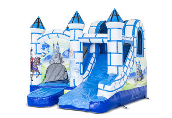 Ordene el pequeño castillo hinchable multijugador inflable de interior en el tema Castillo azul y blanco con tobogán para niños. Compre castillos hinchables en línea en JB Hinchables España