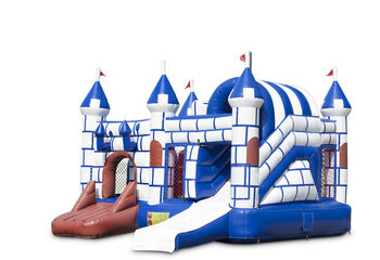 Comprar castillo inflable multijugador de interior en tema castillo azul y blanco con tobogán para niños. Ordene castillos inflables en línea en JB Hinchables España