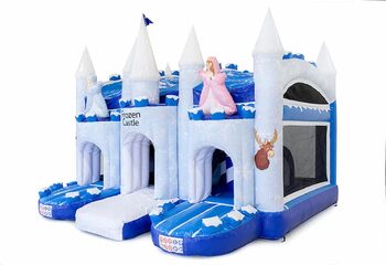 Comprar castillo hinchable grande cubierto azul y blanco multiplay con tobogán en tema ice ice frozen para niños. Ordene castillos hinchables en línea en JB Hinchables España