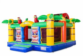 Compre un gran castillo inflable abierto multijugador con tobogán en el tema de Hawaii para niños. Ordene castillo inflables en línea en JB Hinchables España