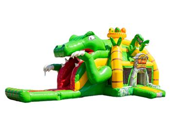 Comprar colchón de aire hinchable multiplay con tobogán en tema dino verde amarillo