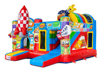 Pide en línea el multiplay con tema de cómic que incluye un tobogán y objetos de juego