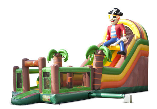 Ordene un tobogán inflable multifuncional en el tema pirata con una piscina de chapoteo, un objeto 3D impresionante, colores frescos y los obstáculos 3D para niños. Compre toboganes inflables ahora en línea en JB Hinchables España