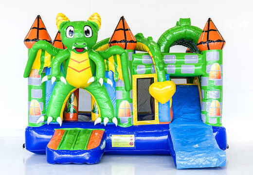 Castillo hinchable multijugador mediano en temática dragón con tobogán para niños. Ordene castillos hinchables en línea en JB Hinchables España