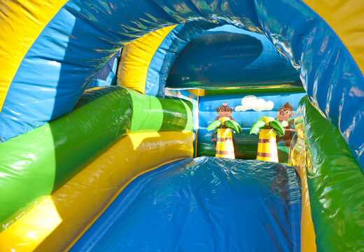 Compre un castillo hinchable de interior multifuncional con tobogán en el tema de la jungla con un gran objeto 3D de un gorila en la parte superior para los niños. Ordene castillos hinchables en línea en JB Hinchables España