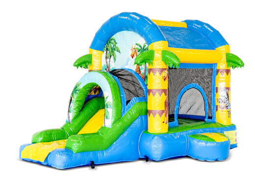 Compre un gran castillo inflable de interior con el tema de la diversión de la jungla con un tobogán para niños. Ordene castillos inflables en línea en JB Hinchables España