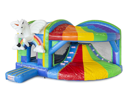 Comprar castillo hinchable de interior multijugador XL inflable con tobogán en tema unicornio arcoíris para niños. Ordene castillos hinchables en línea en JB Hinchables España