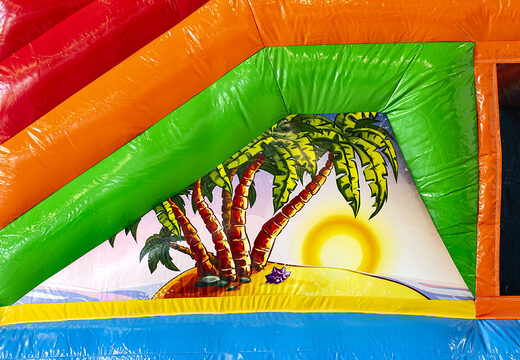 Ordene el castillo hinchable en el tema de Hawaii con un tobogán para niños. Compre castillos hinchables en línea en JB Hinchables España