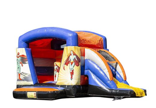 Compra un pequeño castillo hinchable multifuncional de interior con tema de superhéroes para niños. Compra castillos hinchables en línea en JB Hinchables España