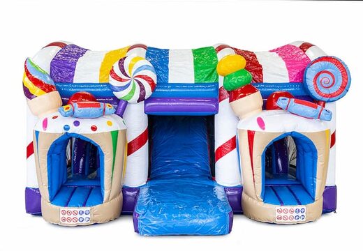 Castillo hinchable multijugador XXL Candyland en un diseño único con dos entradas, un tobogán en el medio y objetos 3D para niños. Compre castillos hinchables en línea en JB Hinchables España