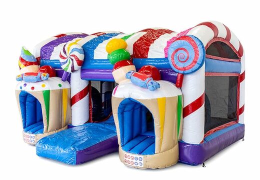 Compre el castillo inflable grande de interior multijugador xxl con tobogán en el tema de Candyland para niños. Ordene castillos inflables en línea en JB Hinchables España