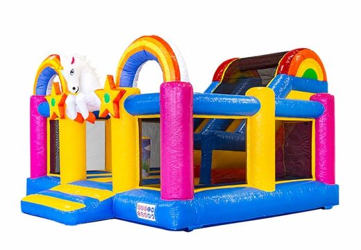 Gran castillo inflable de aspersión con caja de diapositivas abierta multijugador con tobogán en tema unicornio arcoiris para niños. Ordene castillos inflables en línea en JB Hinchables España