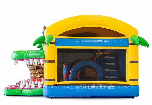 Ordene multijugador  XXL Pirate castillo hinchable en un diseño único con dos entradas, un tobogán en el medio y objetos 3D para niños. Compre castillos hinchables en línea en JB Hinchables España