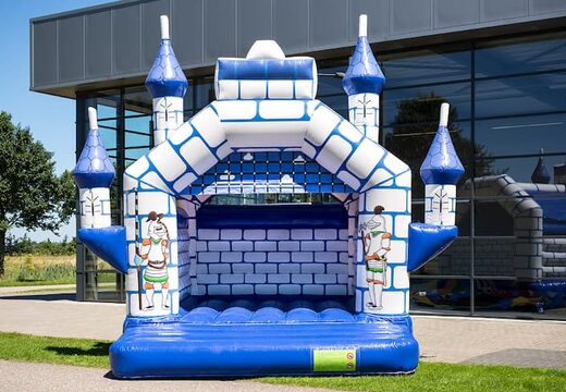 Ordene castillos hinchables estándar en azul con un tema de caballero para niños. Compre castillos hinchables en línea en JB Hinchables España