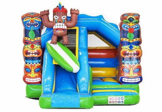 Comprar castillo hinchable hinchable con tobogán en tema aloha con surfista y tótem