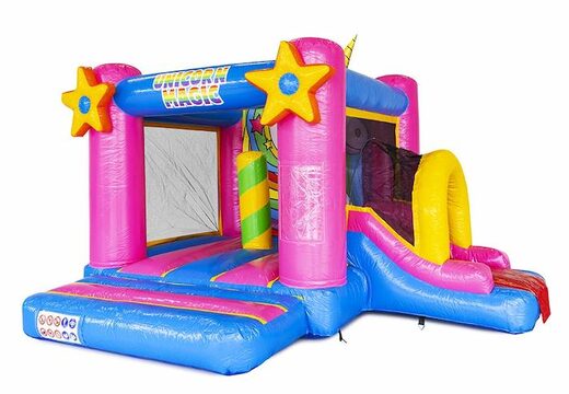 ordene un pequeño gorila inflable con tobogán en tema de unicornio