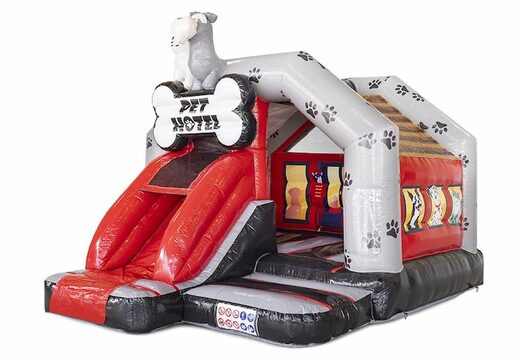 Ordene el combo de tobogán inflable con tobogán en tema de hotel de animales para niños