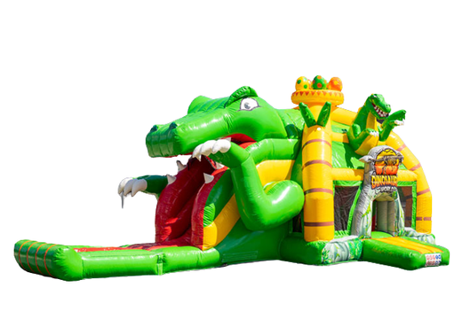 Comprar colchón de aire hinchable multiplay con tobogán en tema dino verde amarillo
