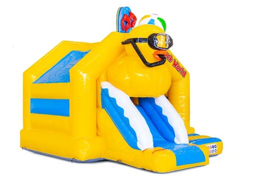 Castillo inflable hinchable en amarillo con azul y compra un pato de baño para niños