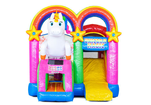 Pide castillo hinchable Mini Multiplay cubierto con tobogán en tema Unicornio para niños. Compra ahora hamacas hinchables en JB Hinchables España