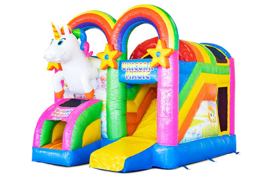Comprar Castillo Hinchable Mini Multiplay hinchable cubierto con tobogán en tema Unicornio para niños. Pide ahora castillos hinchables en JB Hinchables España