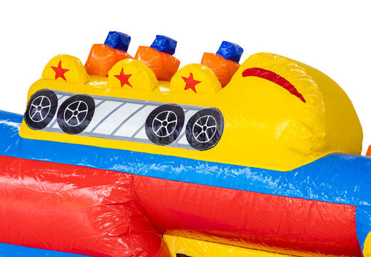 Carrito de montaña rusa en pista de obstáculos inflable azul rojo amarillo