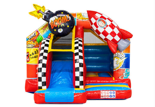 Tema de personajes de cómic en combo de tobogán para deslizar y saltar en castillo hinchable