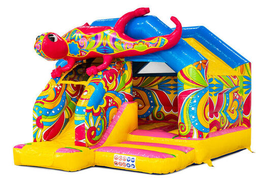 Castillo hinchable combo con tobogán en colores amarillo, azul, rosa y flores