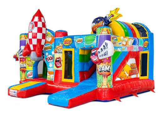 Pide en línea el multiplay con tema de cómic que incluye un tobogán y objetos de juego