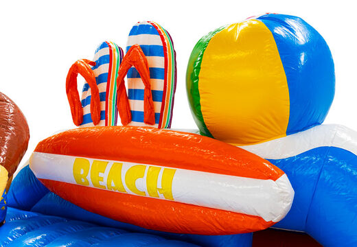Ordene un castillo hinchable con temática de playa, con chanclas 3D, una tabla de surf y una pelota en línea