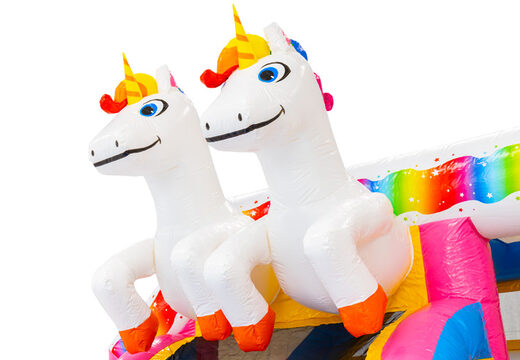 Ordene en línea el castillo hinchable con tema de unicornio y 2 unicornios en 3D en el techo