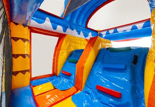 Pared de escalada del castillo hinchable Multiplay dubbelslide tema playa azul amarillo naranja