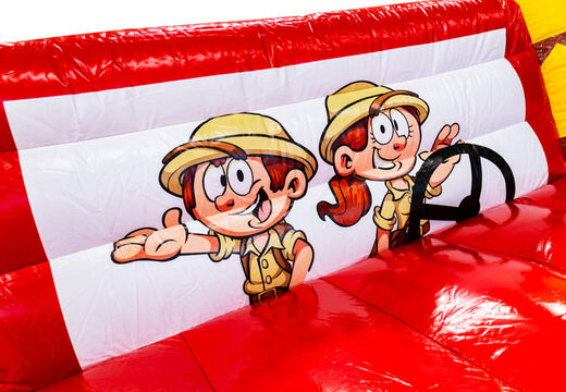 Castillo inflable temático de safari gorila con ilustración de guardabosques en Jeep