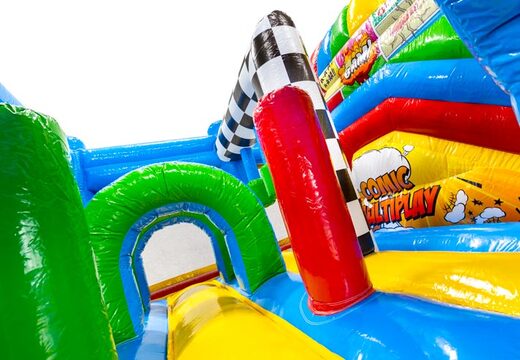 Interior del castillo hinchable Dubbelslide Multiplay azul amarillo verde rojo